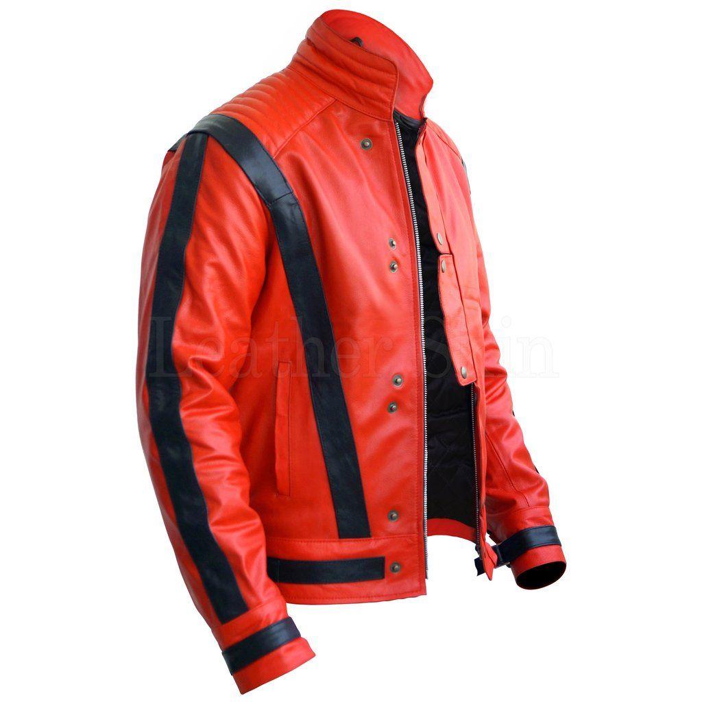 Red Genuine Leather Thriller Jacket with Black V Stripes - Military Republic