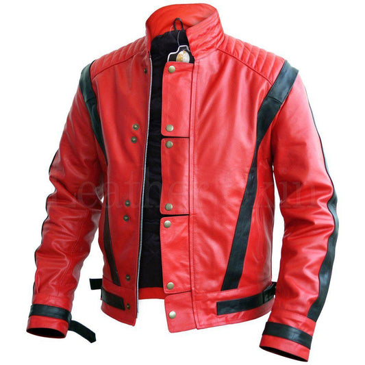 Red Genuine Leather Thriller Jacket with Black V Stripes - Military Republic