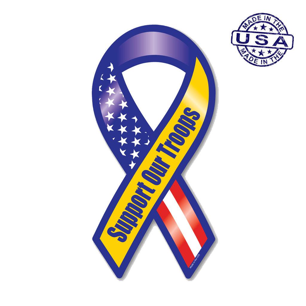 United States Patriotic Support our Troops Blue and Yellow Ribbon Magnet (3.88" x 8") - Military Republic