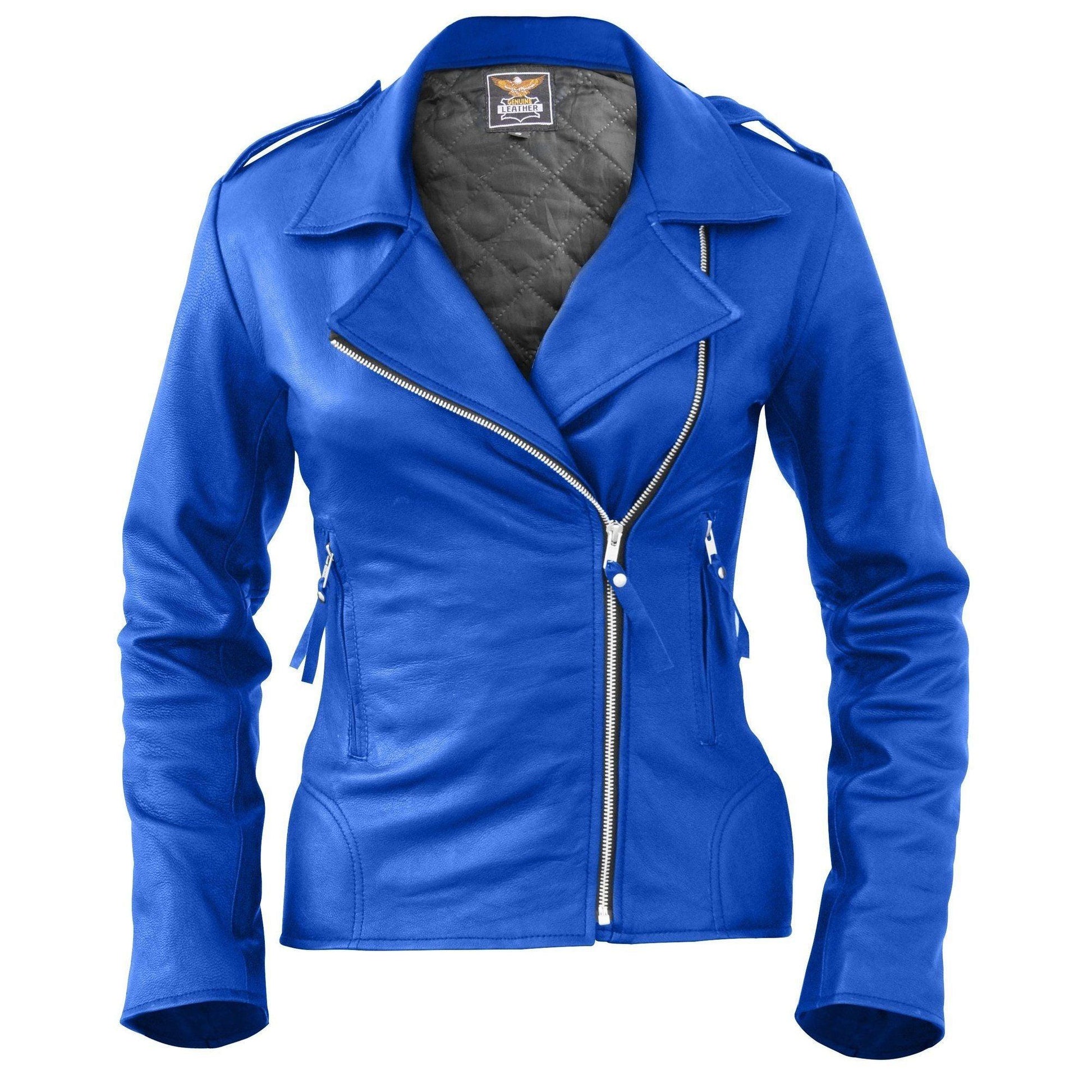 Sheep Skin Brando Style Genuine Leather Blue Women's Jacket - Military Republic