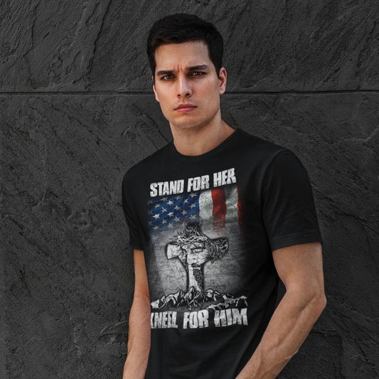Stand for Her - Kneel for Him Flag & Cross T-shirt - Military Republic