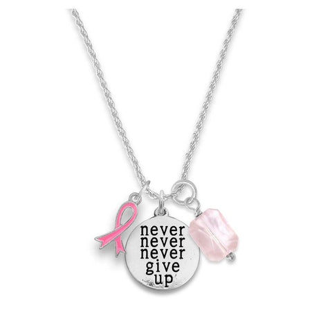 Three Charm Breast Cancer Never Never Never Give Up Charm Necklace - Military Republic