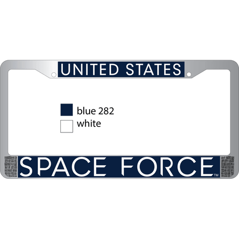 U.S. Space Force in White on Blue Chrome License Plate Frame - Military Republic