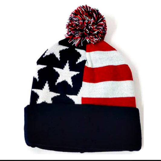 USA Flag Blue Band Pom Pom Beanie