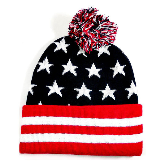 USA Flag Stars and Stripes Pom Pom Beanie