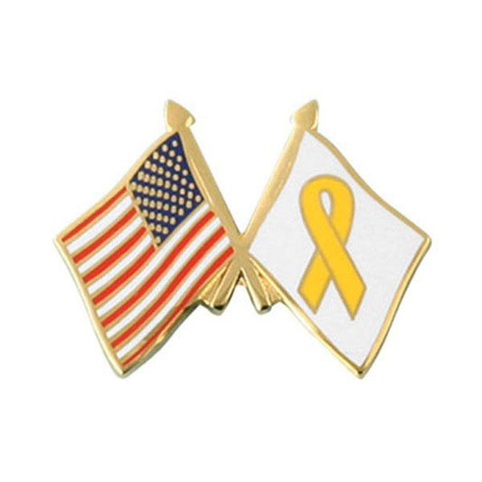 USA Flag Yellow Ribbon Crossed Flag Lapel Pin 5/8 x 1" - Military Republic