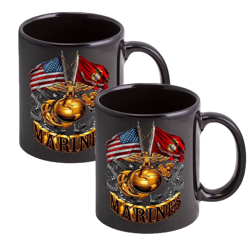 USMC Double Flag EGA Logo Stoneware Mug Set- Black - Military Republic