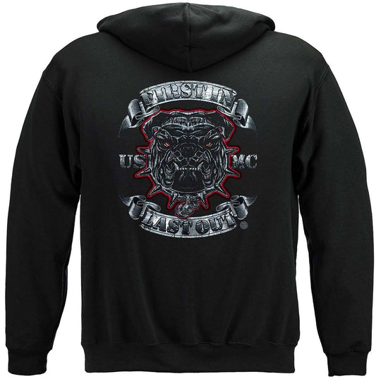 USMC First In Last Out Silver Foil Bull Dog Premium Hoodie - Military Republic