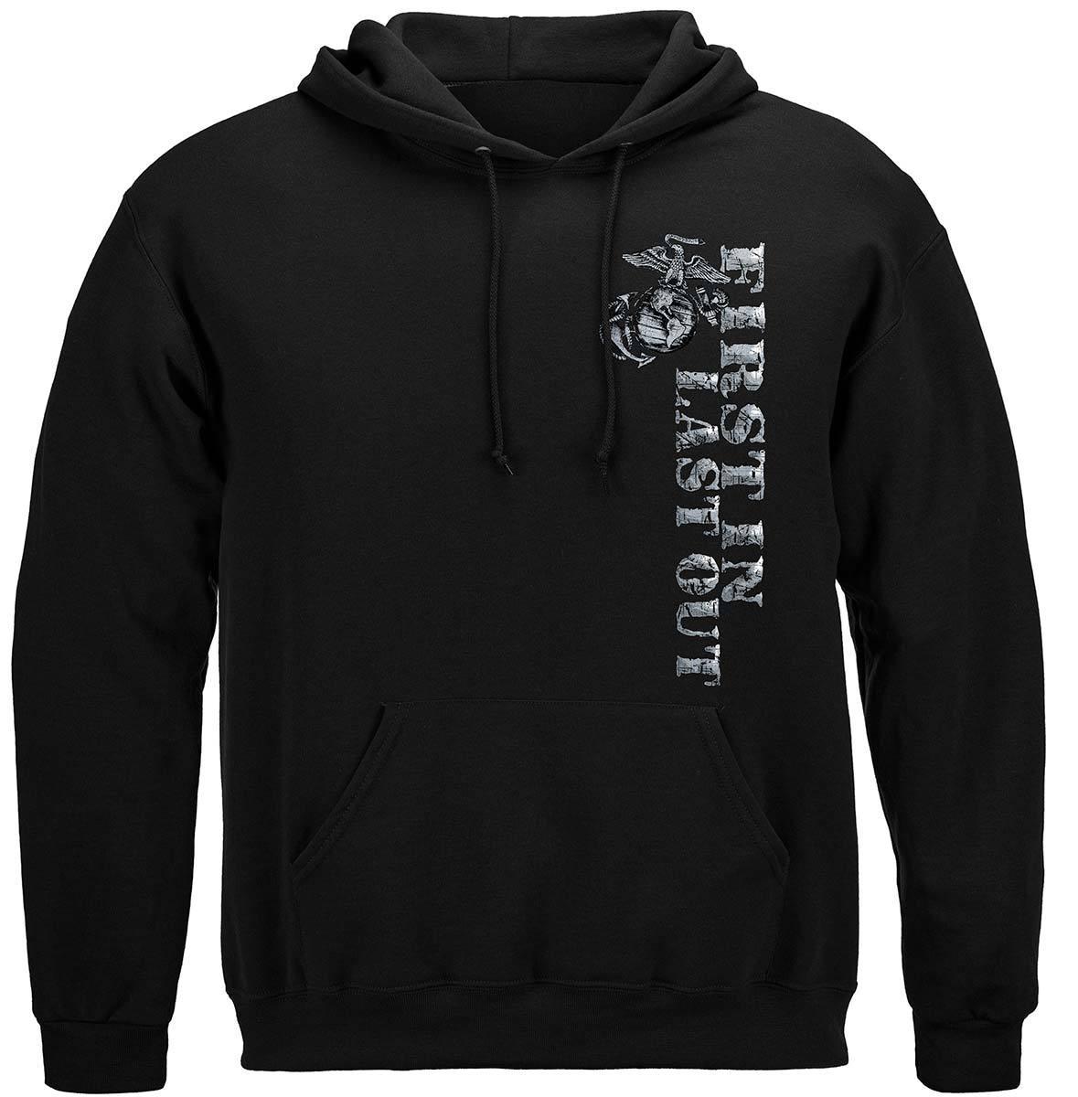 USMC First In Last Out Silver Foil Bull Dog Premium Hoodie - Military Republic