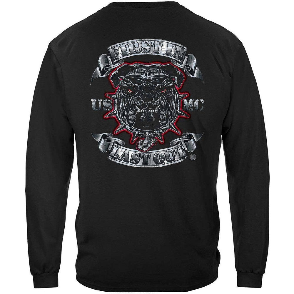 USMC First In Last Out Silver Foil Bull Dog Premium Long Sleeve - Military Republic