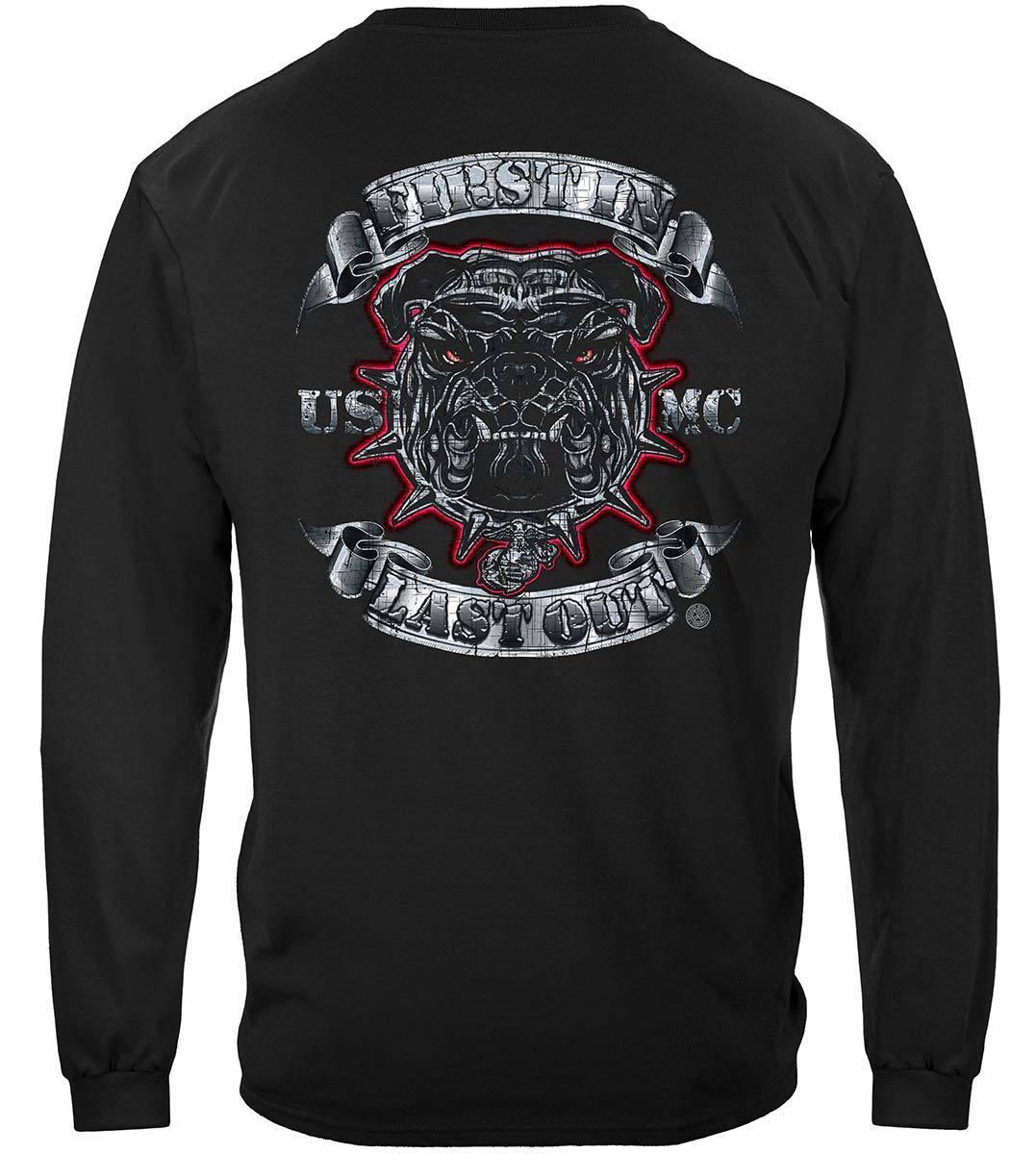 USMC First In Last Out Silver Foil Bull Dog Premium Hoodie - Military Republic