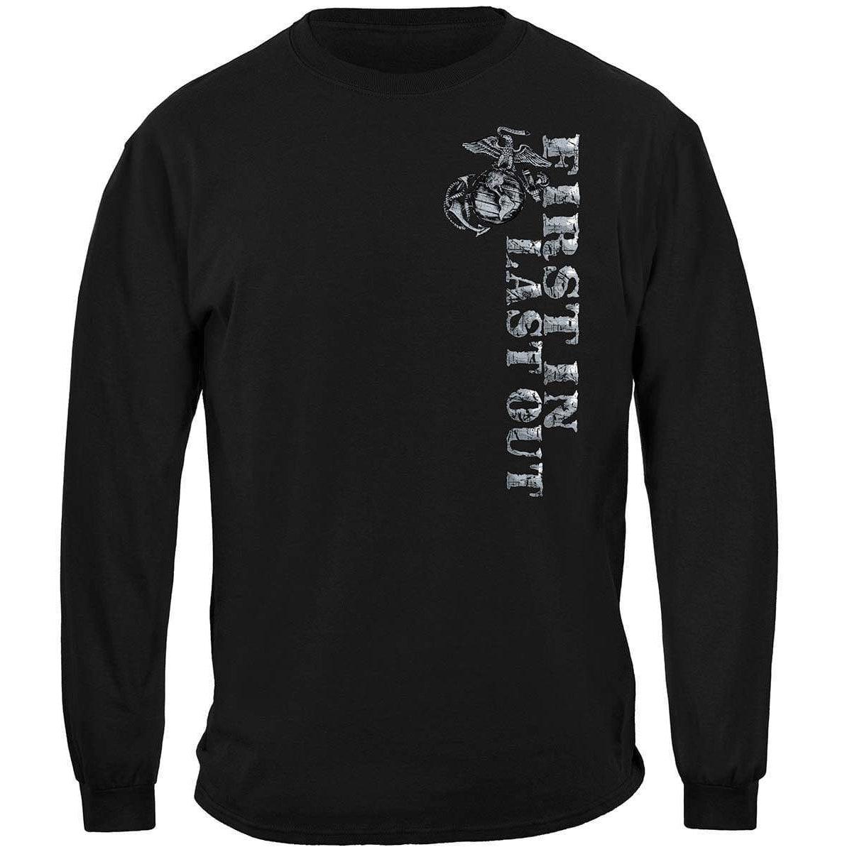 USMC First In Last Out Silver Foil Bull Dog Premium Long Sleeve - Military Republic