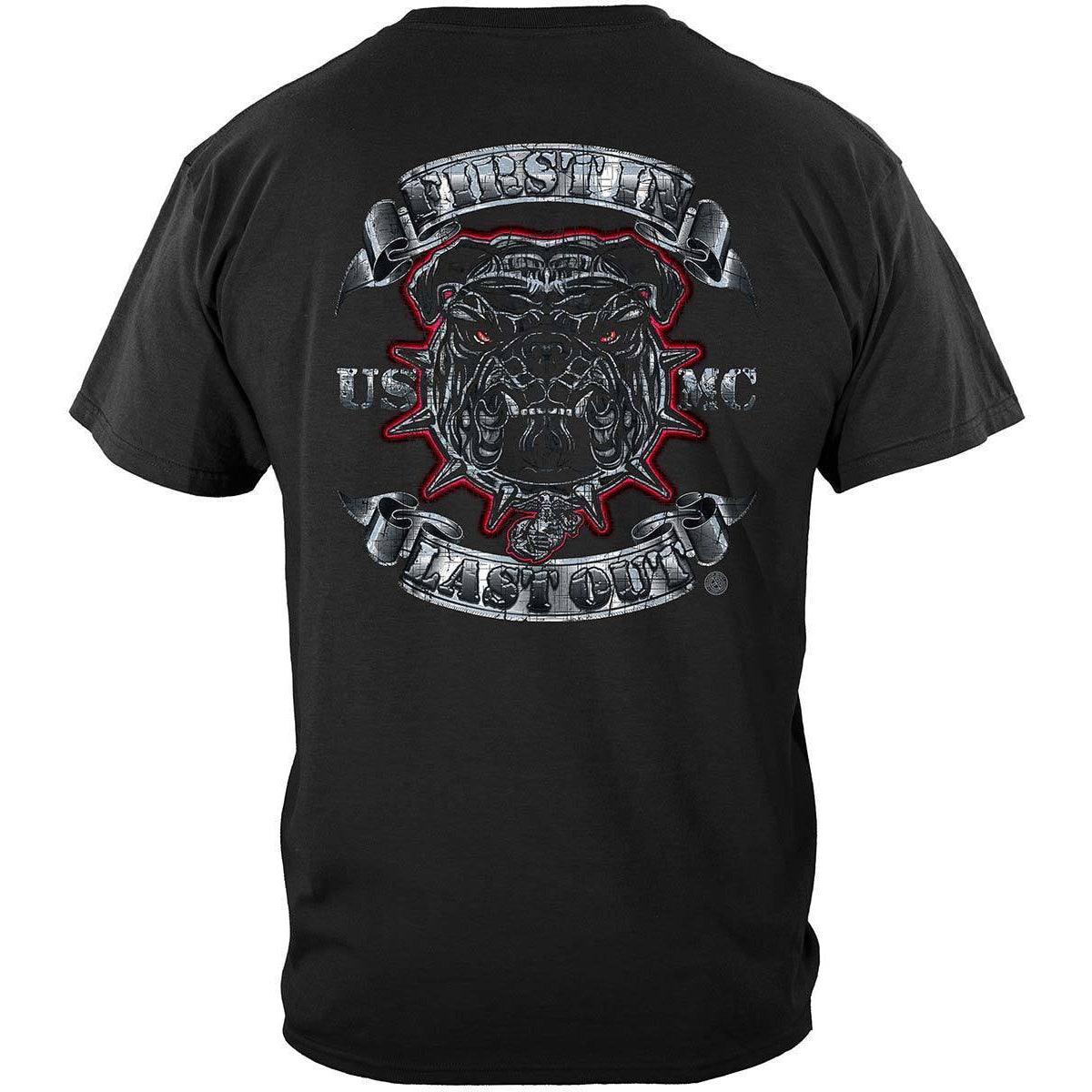 USMC First In Last Out Silver Foil Bull Dog Premium T-Shirt - Military Republic