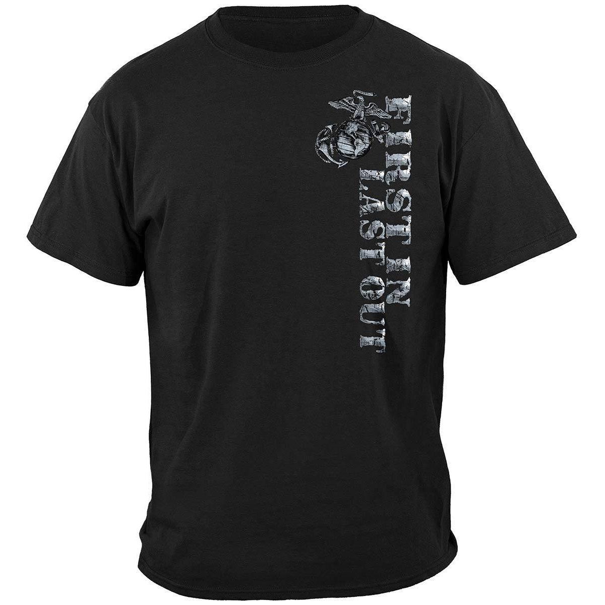 USMC First In Last Out Silver Foil Bull Dog Premium T-Shirt – Military ...