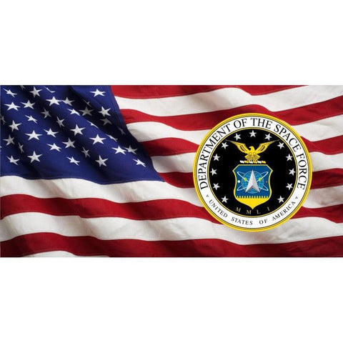 U.S. Space Force Logo on Wavy US Flag Photo License Plate - Military Republic