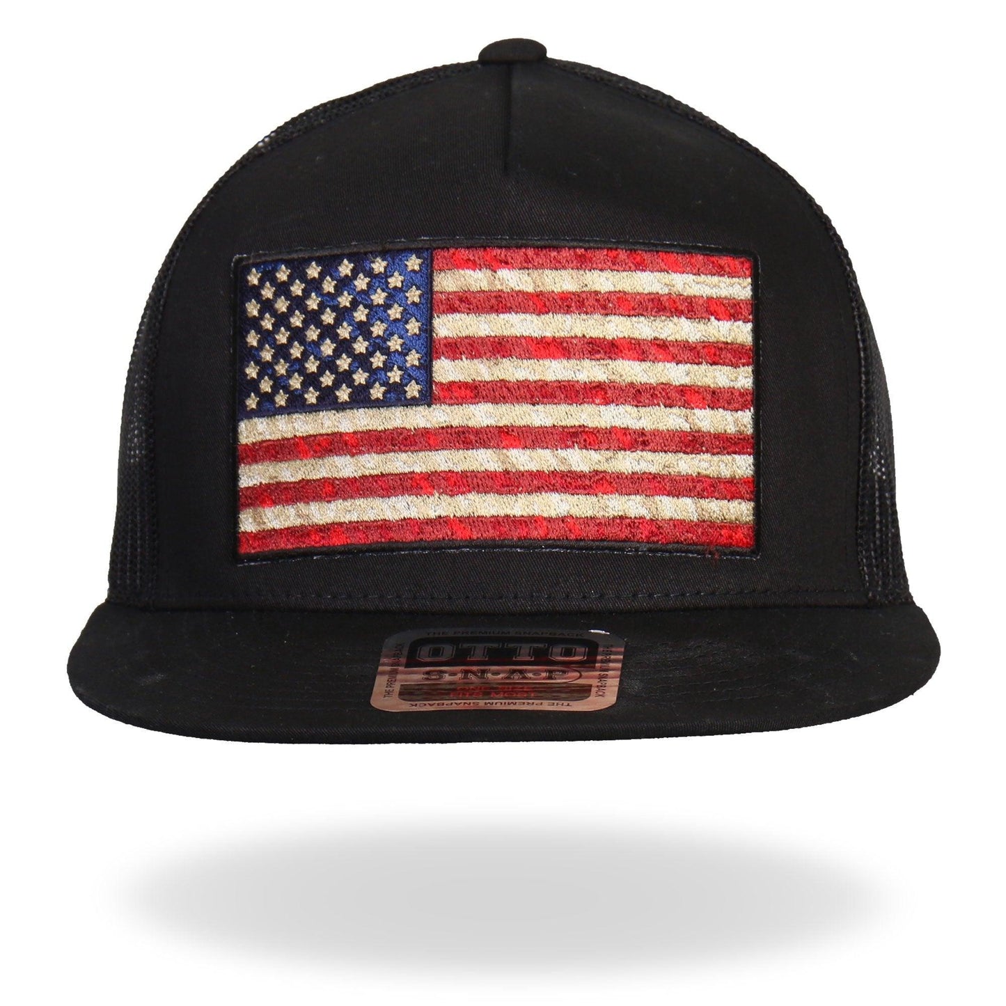 Black Vintage American Flag All Black Snap Back Mesh Hat - Military Republic