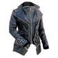Vintage Style Black Genuine Leather Studded Jacket with Detachable Bottom - Military Republic