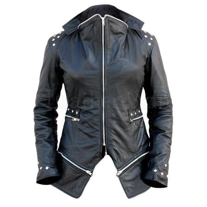 Vintage Style Black Genuine Leather Studded Jacket with Detachable Bottom - Military Republic