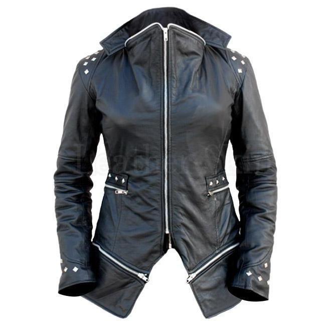 Vintage Style Black Genuine Leather Studded Jacket with Detachable Bot ...