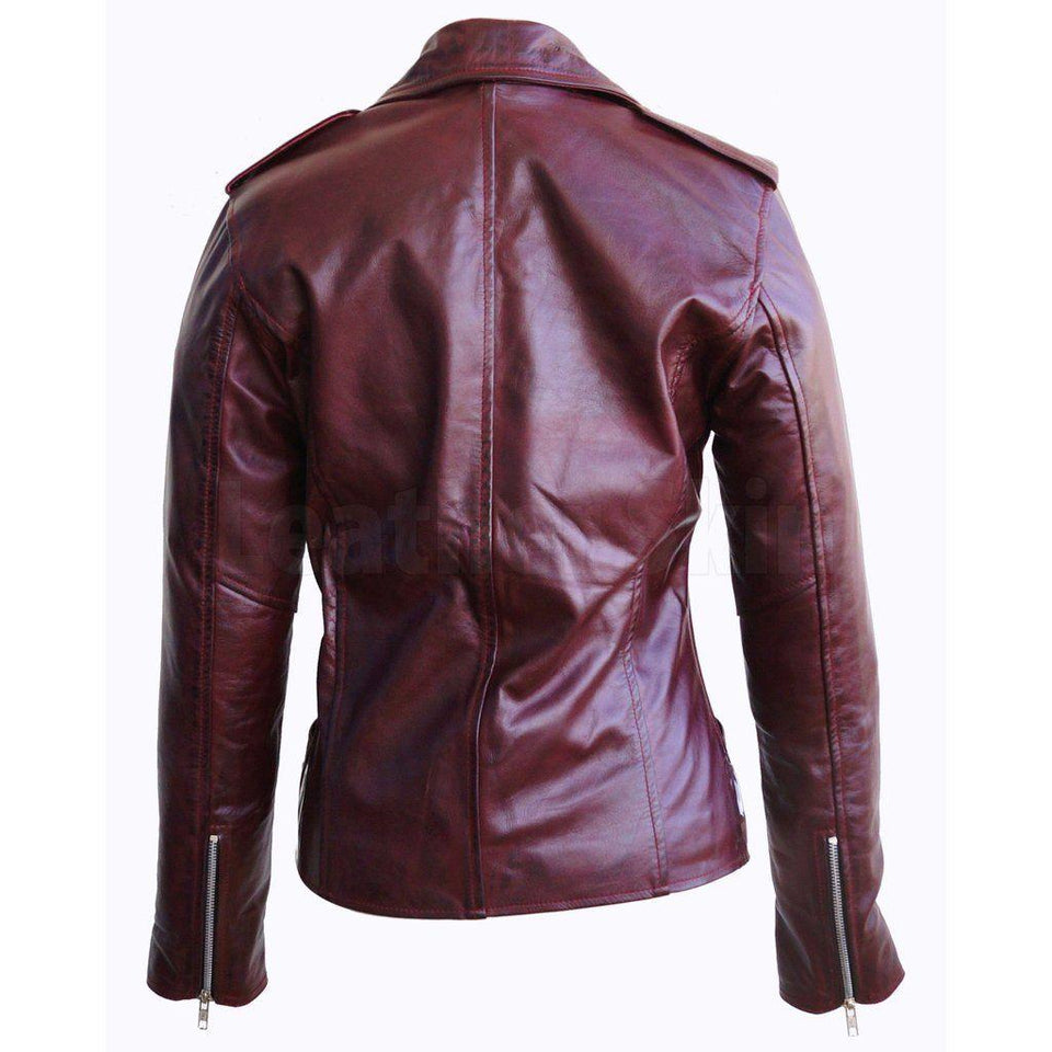 Women's Wine Red Genuine Leather Distressed Jacket with Epaulets ...