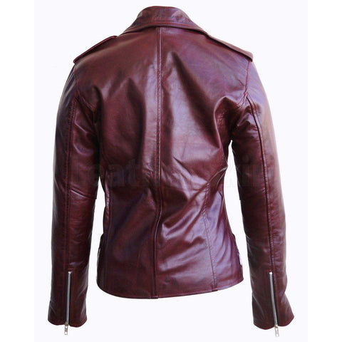Women's Wine Red Genuine Leather Distressed Jacket with Epaulets - Military Republic