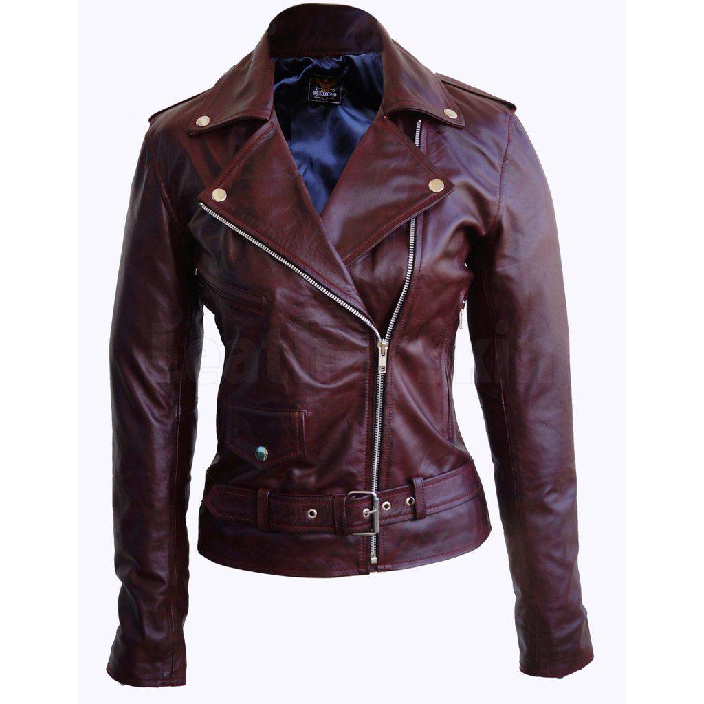 Women's Wine Red Genuine Leather Distressed Jacket with Epaulets ...