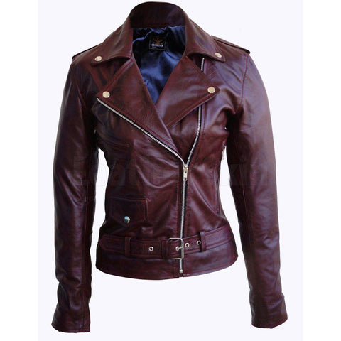 Women's Wine Red Genuine Leather Distressed Jacket with Epaulets - Military Republic
