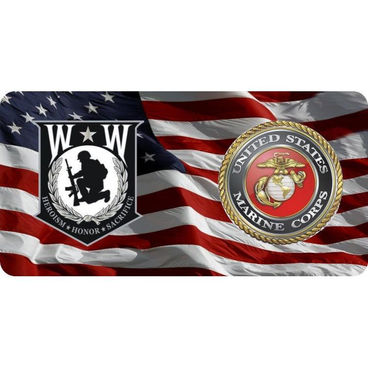 Wounded Warrior & Marines On U.S. Flag Photo License Plate - Military Republic