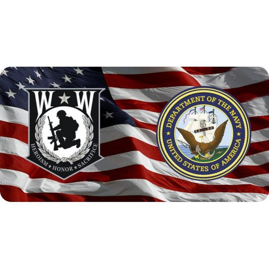 Wounded Warrior & Navy On U.S. Flag Photo License Plate - Military Republic