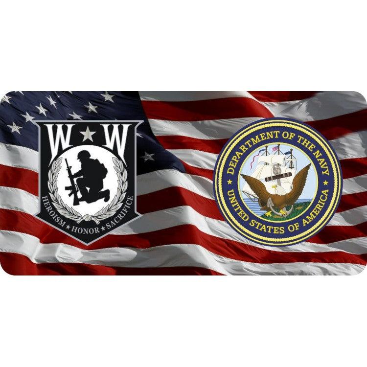 Wounded Warrior & Navy On U.S. Flag Photo License Plate - Military Republic