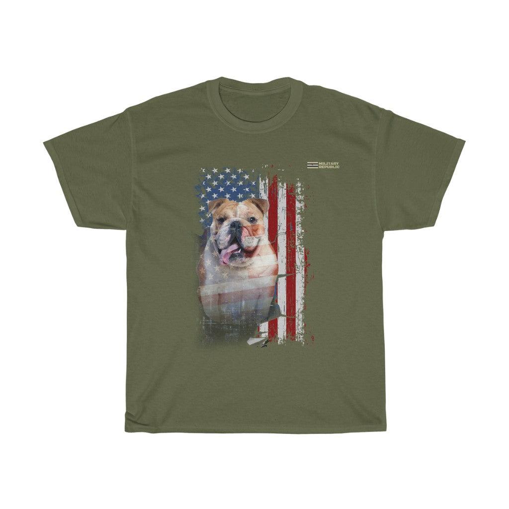 English Bulldog with Distressed USA Flag Patriotic T-shirt - Military Republic