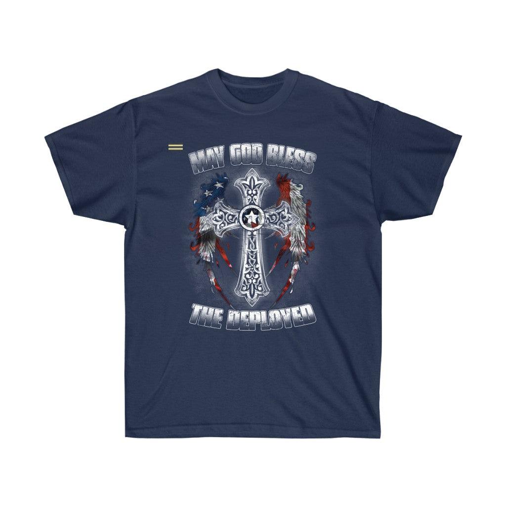 God Bless The Deployed Cross Wings & USA Flag T-shirt - Military Republic