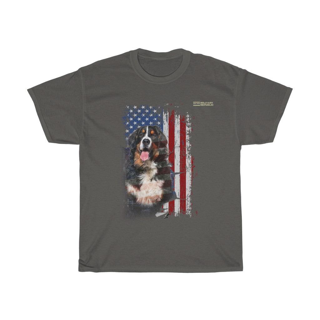 Bernese Mountain Dog with Distressed USA Flag Patriotic T-shirt - Military Republic