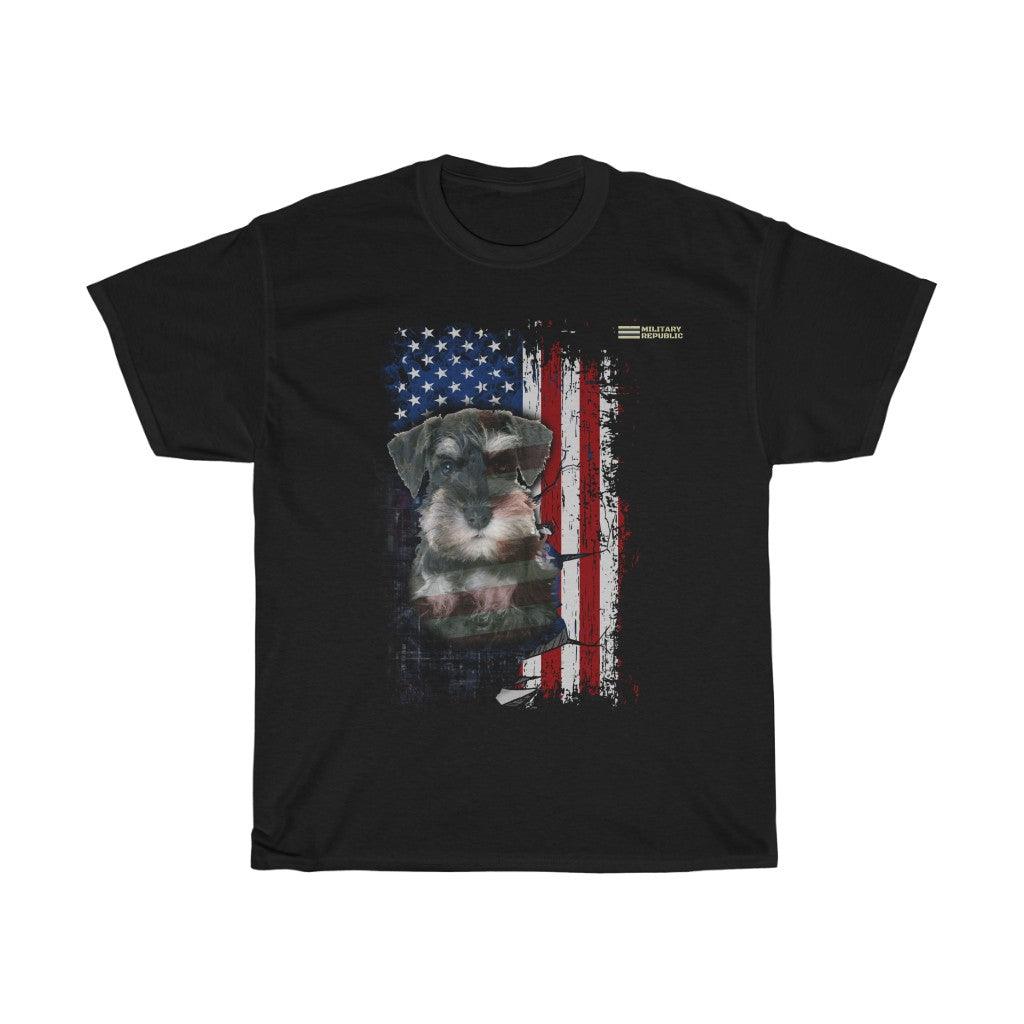 Schnauzer Dog with Distressed USA Flag Patriotic T-shirt - Military Republic