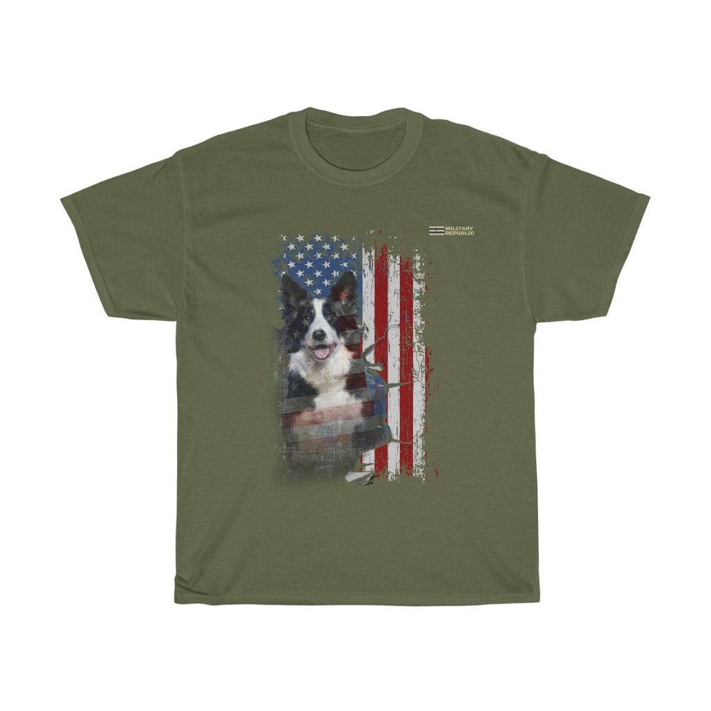 Border Collie Dog with Distressed USA Flag Patriotic T-shirt - Military Republic