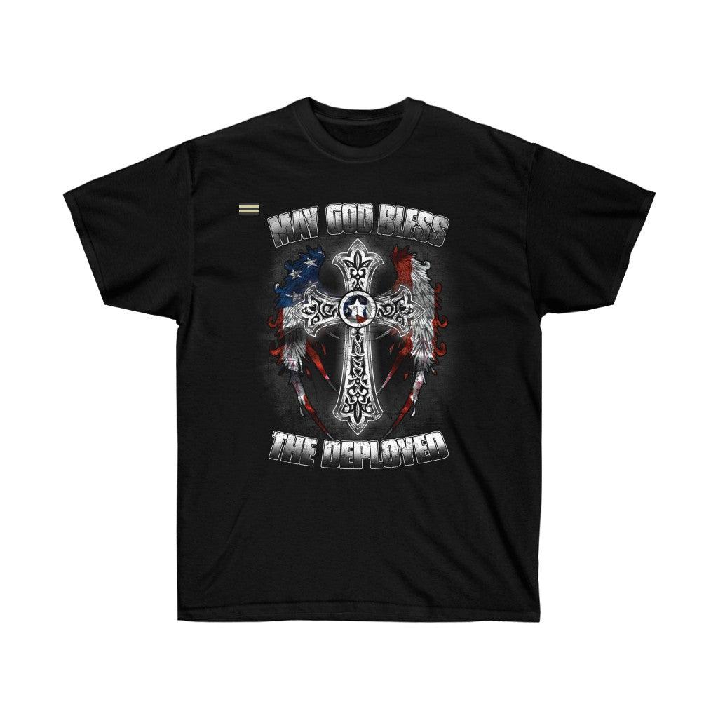 God Bless The Deployed Cross Wings & USA Flag T-shirt - Military Republic