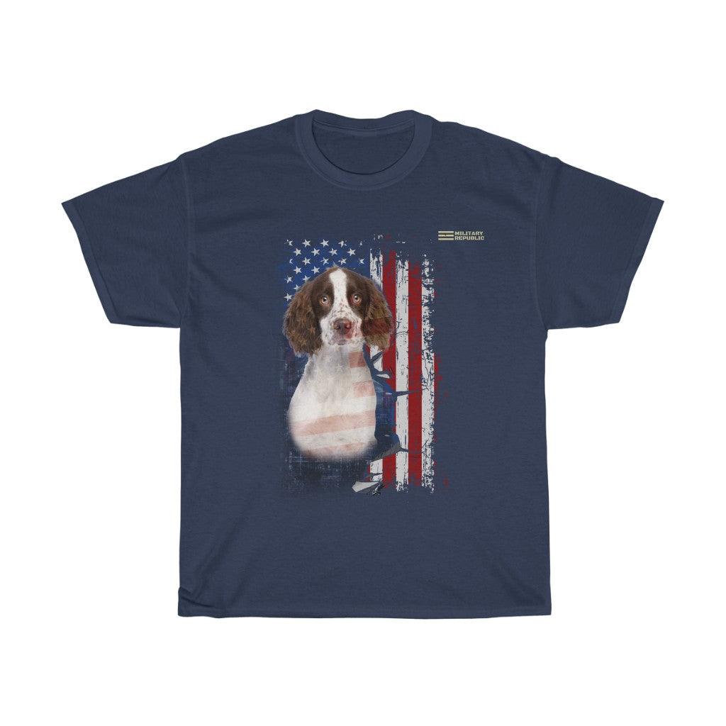 English Springer Spaniel Dog with Distressed USA Flag Patriotic T-shirt - Military Republic