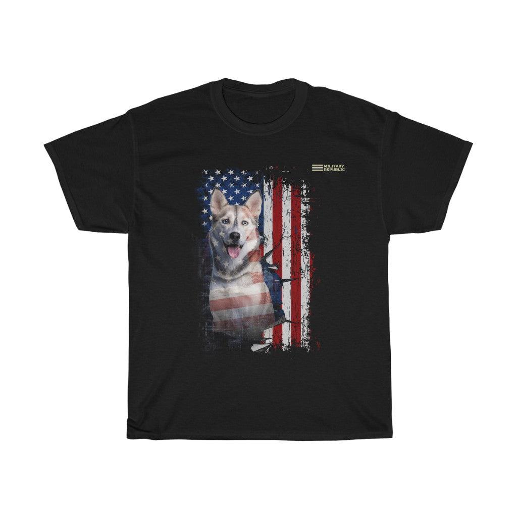 Siberian Husky Dog with Distressed USA Flag Patriotic T-shirt - Military Republic