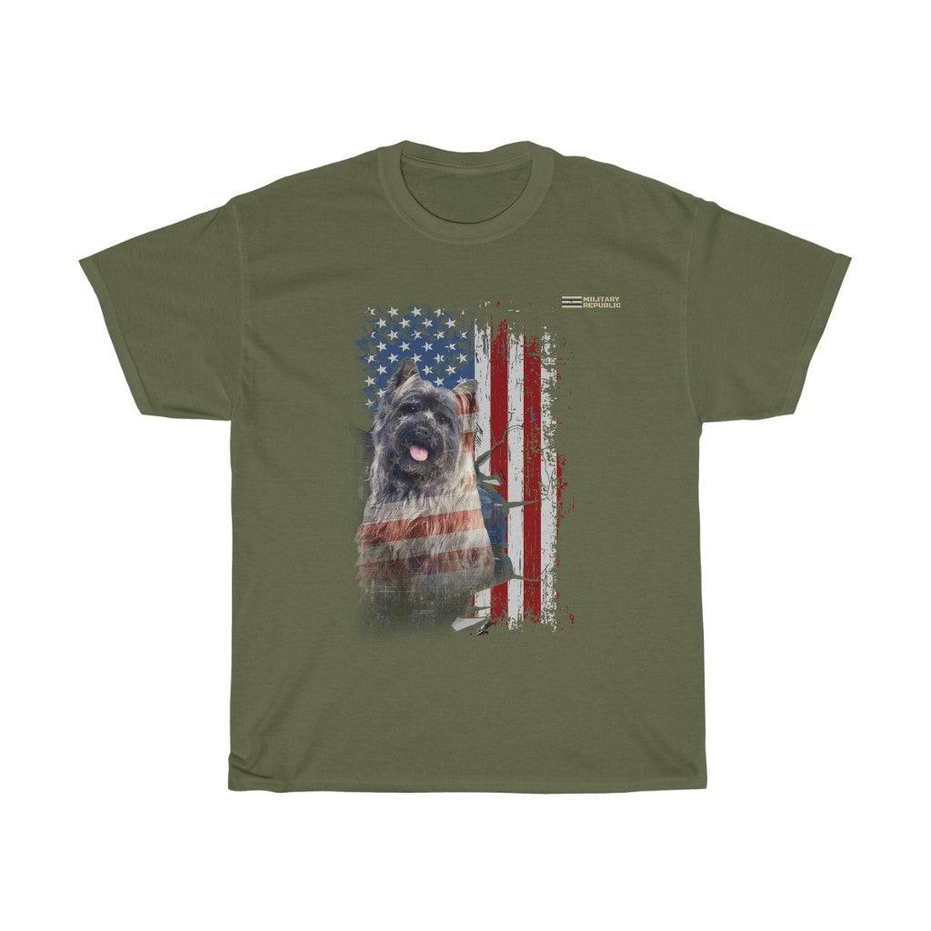 Cairn Terrier Dog with Distressed USA Flag Patriotic T-shirt - Military Republic