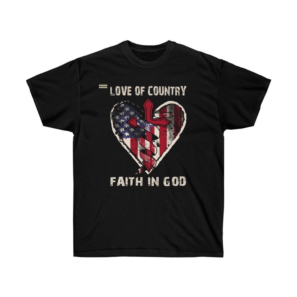 Love of Country Faith in God Cross & USA Flag T-shirt - Military Republic