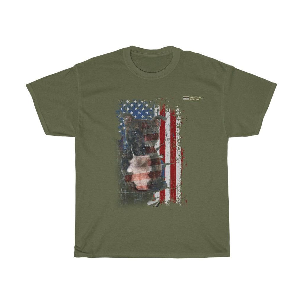 Staffordshire Bull Terrier Dog with Distressed USA Flag Patriotic T-shirt - Military Republic