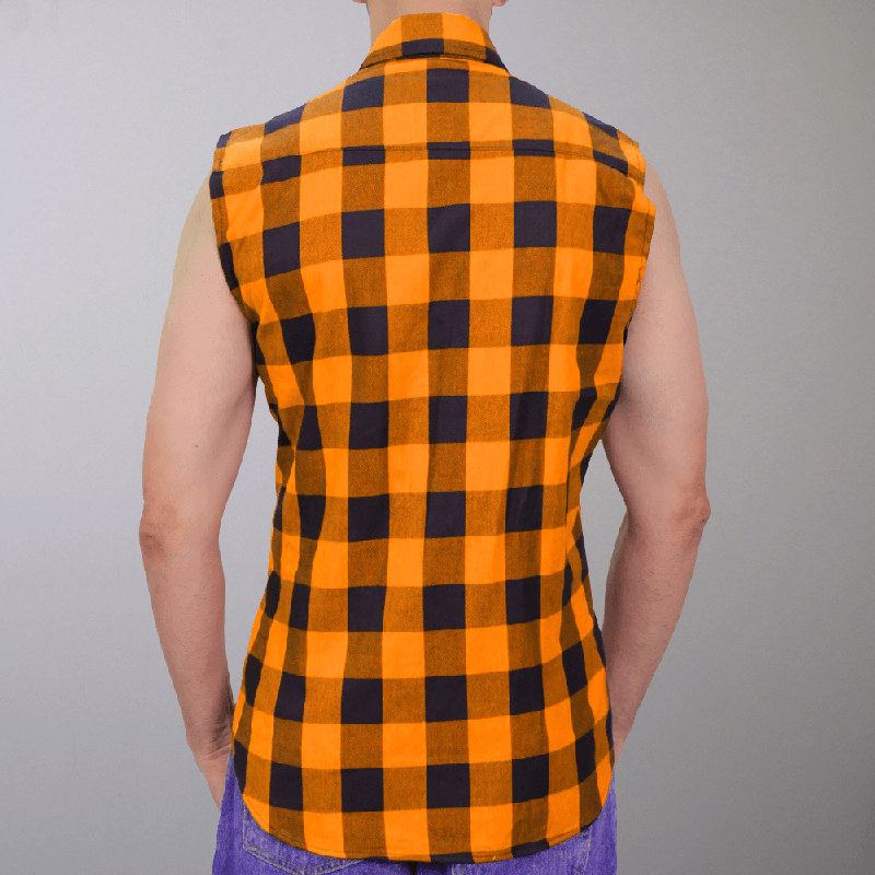 Black and Orange Sleeveless Biker Flannel Shirt for Men - Military Republic