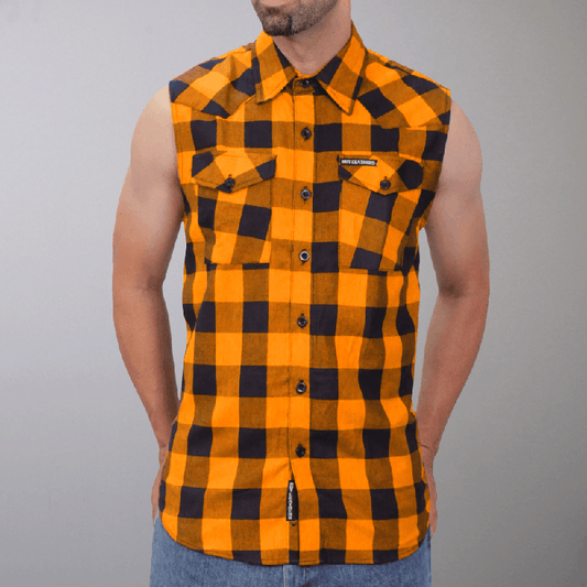 Black and Orange Sleeveless Biker Flannel Shirt for Men - Military Republic