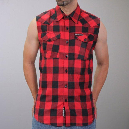 Black and Red Sleeveless Biker Shirt Flannel for Men - Military Republic