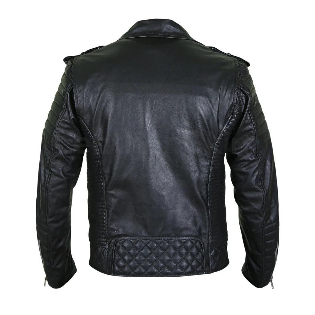 Men's Brando Motorcycle Black Leather Jacket With Padded Sleeves - Military Republic