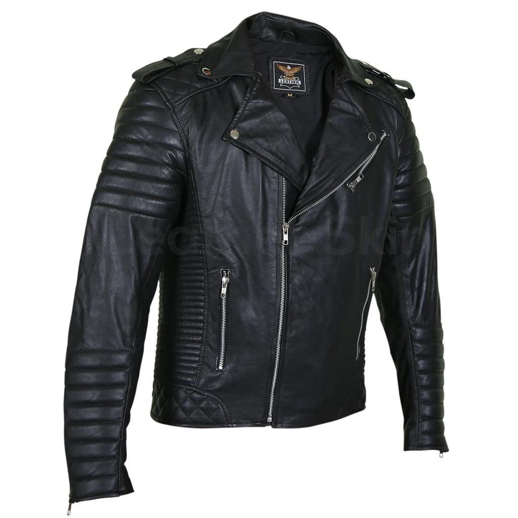 Men's Brando Motorcycle Black Leather Jacket With Padded Sleeves - Military Republic