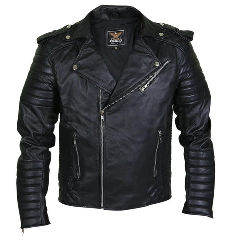 Men's Brando Motorcycle Black Leather Jacket With Padded Sleeves - Military Republic