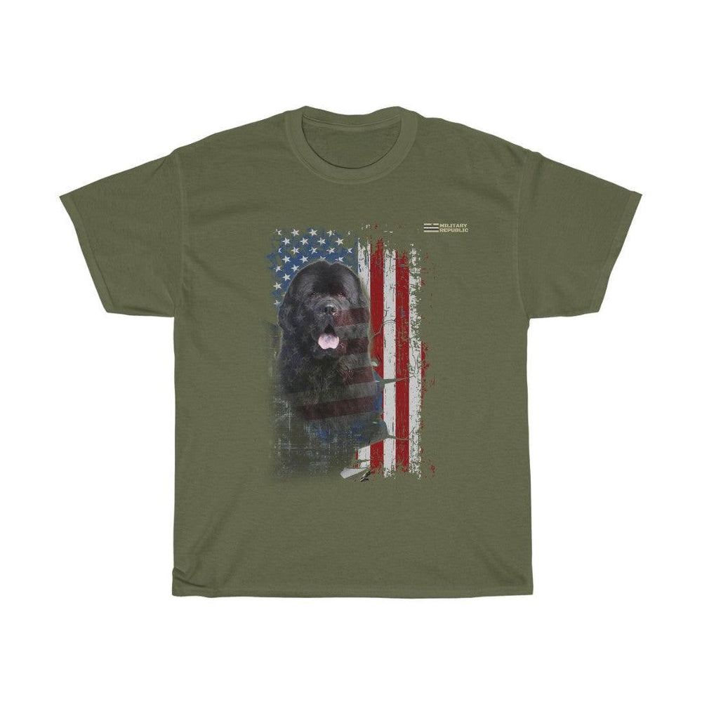 Newfoundland Dog with Distressed USA Flag Patriotic T-shirt - Military Republic
