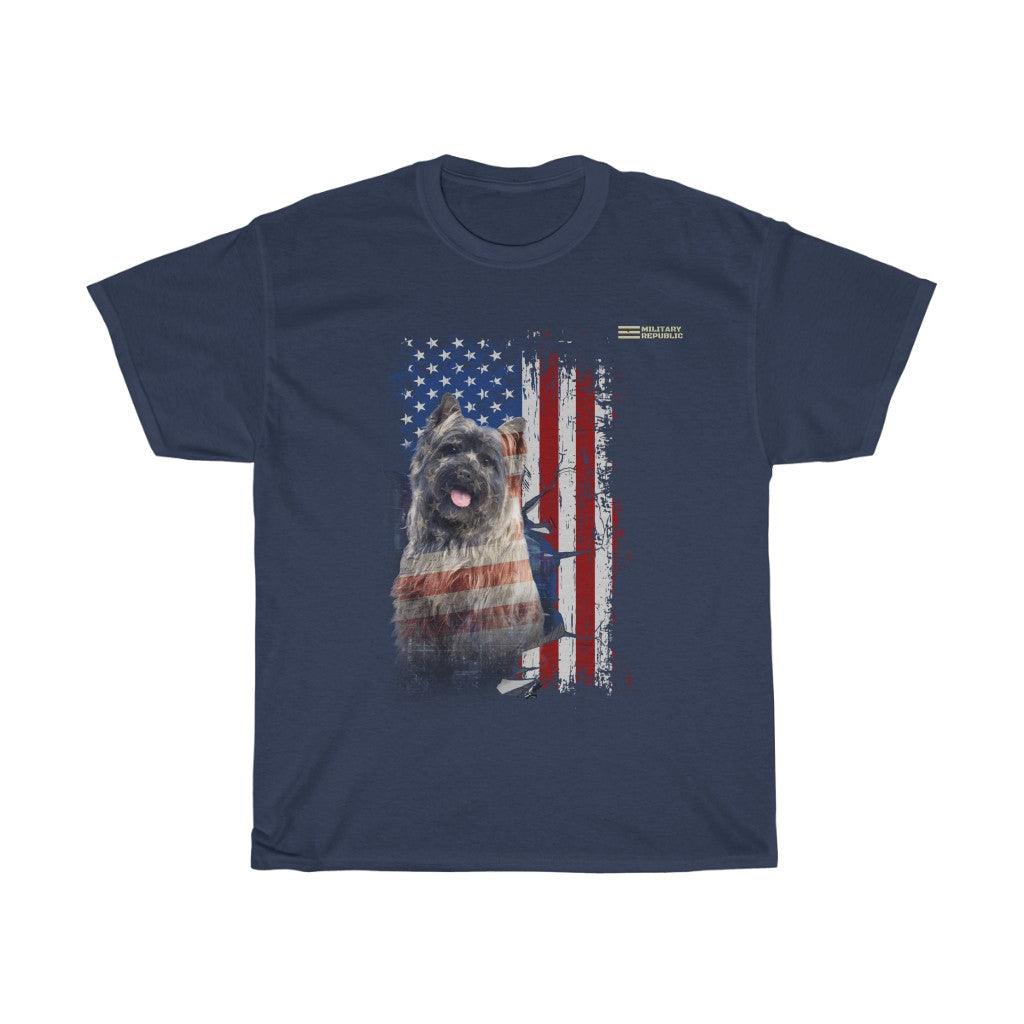 Cairn Terrier Dog with Distressed USA Flag Patriotic T-shirt - Military Republic