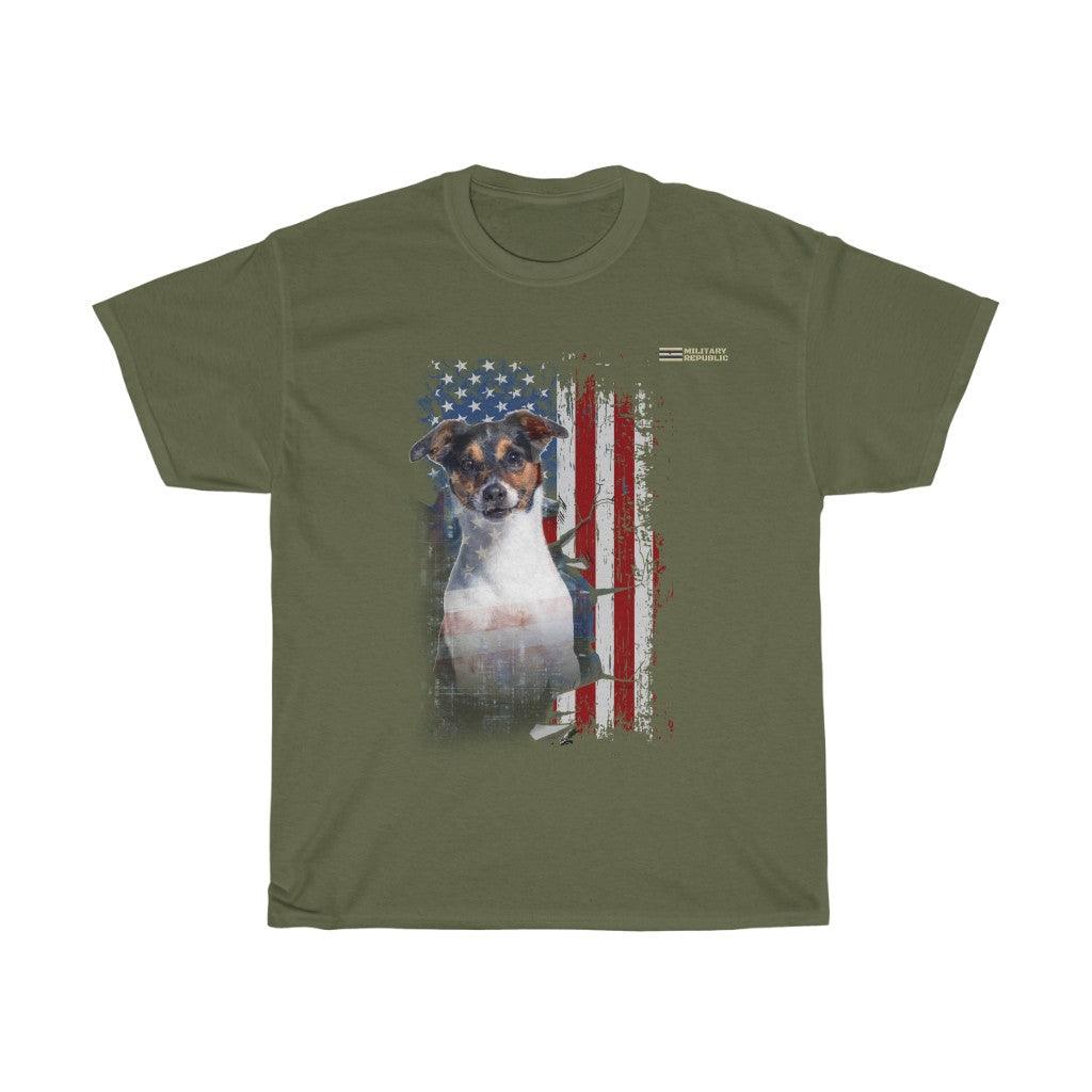 Jack Russell Terrier Dog with Distressed USA Flag Patriotic T-shirt - Military Republic